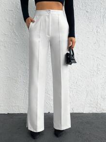 EURMUSE Solid High Waist Split Hem Suit Pants - White - View 1