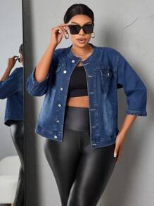 SHEIN SXY Chaquetas De Mezclilla Lavadas De Talla Grande Con Botón Ascendente - Azul lavado medio - Ver 6