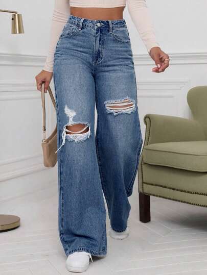 EMERY ROSE Women's Distressed Loose Fit Denim Pants