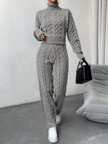 SHEIN Essnce 高領針織毛衣和針織長褲套裝 - 深灰色 - 查看 6