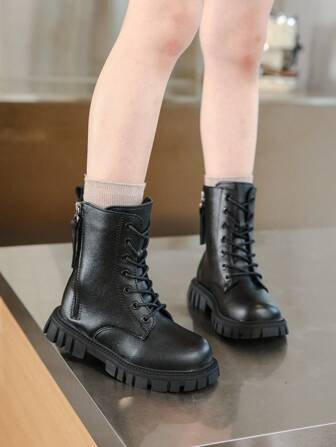 大童女童冬靴，儿童平底圆头战斗靴女童中筒公主靴