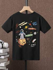 SHEIN Tween Boys'太空人印花短袖t恤 - 黑色 - 查看 2