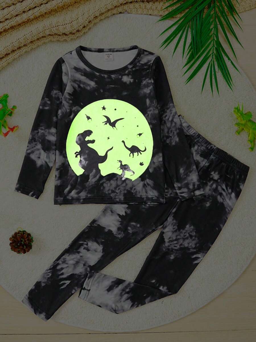 男童卡通印花長袖上衣和長褲舒適貼身睡衣套裝 - 黑色 - 查看 1