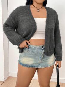 Flirla Plus Size Women's Fluffy Cardigan - Dark Grey - View 1