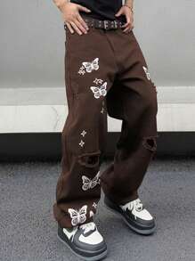 Manfinity EMRG Men's Butterfly Print Ripped Jeans - Coffee Brown - View 3