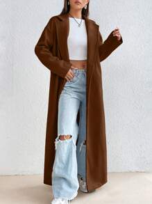 SHEIN Unity Solid Color Turn-Down Collar Woolen Coat - Brown - View 6