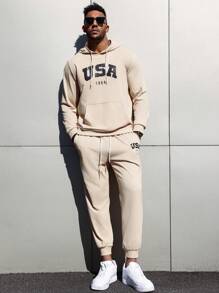 Manfinity Homme Set Di Due Pezzi Di Felpe Con Cappuccio E Pantaloni Della Tuta Con Stampa Di Lettere Per Uomo Di Taglia Forte Con Stringhe