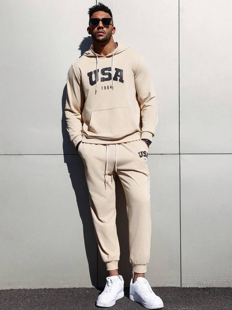 Men'S Plus Size Letter Printed Drawstring Hoodie And Sweatpants Two Piece Set