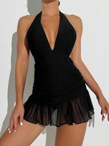 SHEIN Swim 夏季女士露背系带网眼拼接泳衣搭配网眼裙底音乐节 - 黑色 - 查看 3