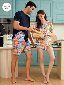 Bộ PJ đồ họa hoạt hình dành cho nam / Bộ đồ ngủ - Màu xanh hải quân - Xem 2