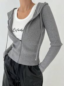 DAZY Women Cardigans Zip Rib-Knit Casual - Grey - View 5