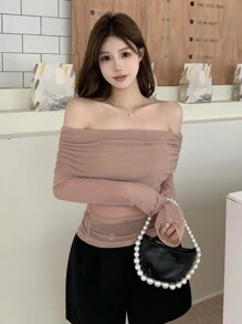 DAZY Women'S Off Shoulder Mesh Long Sleeve Top - Brown - View 4