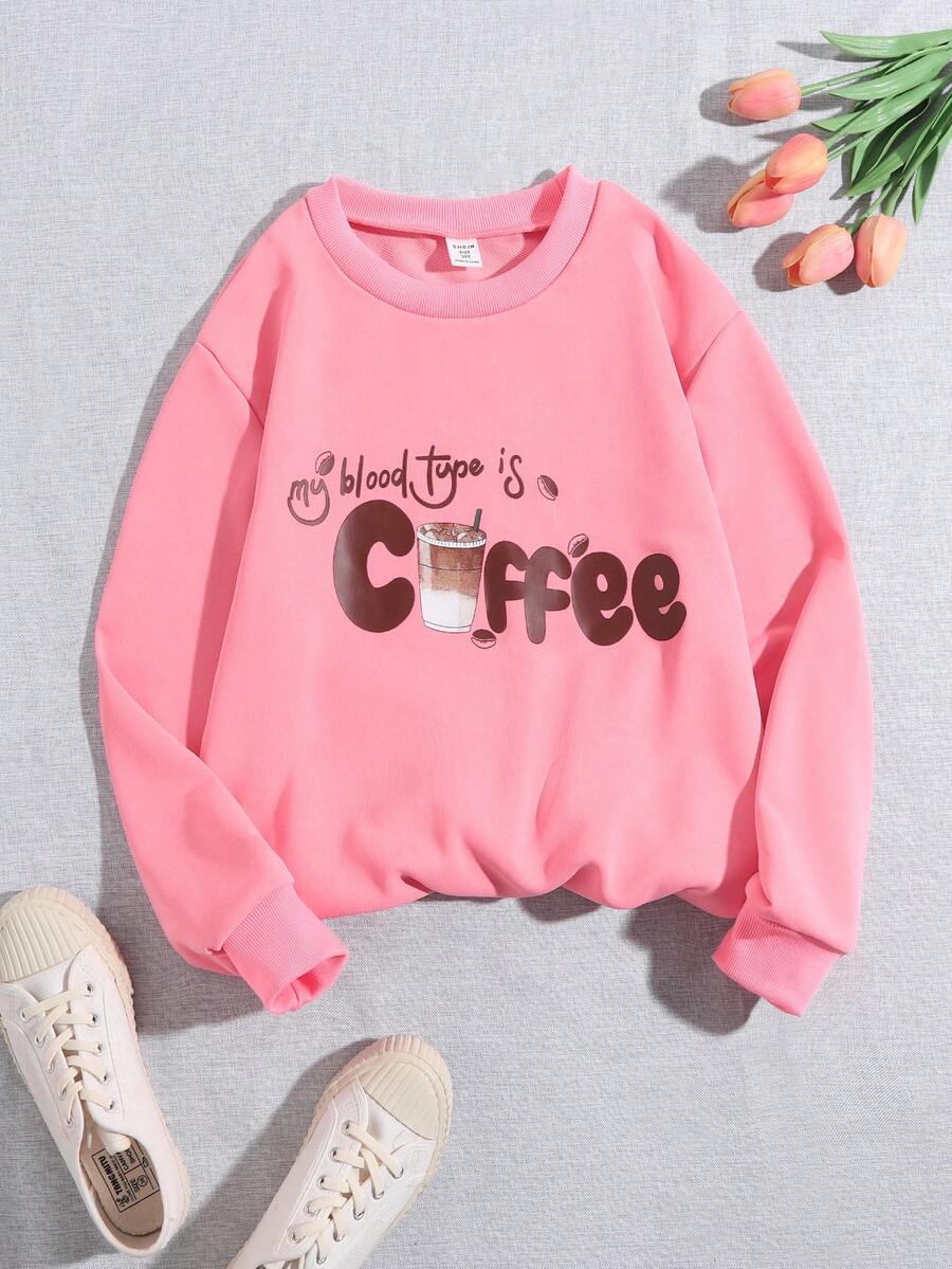 SHEIN Cô gái Tween In Vòng cổ Áo nỉ Với Slogan - Màu Hồng  Dưa hấu - Xem 1