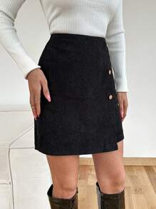 EURMUSE Button Decorated Wrapped Skirt - Black - View 5