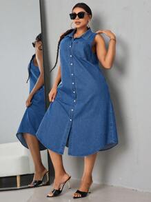 SHEIN SXY Plus Size Women'S Sleeveless Long Denim Dress Milkmaid Dress  Summer Outfits For Women Festival Outfits Sundress Business Casual Woman