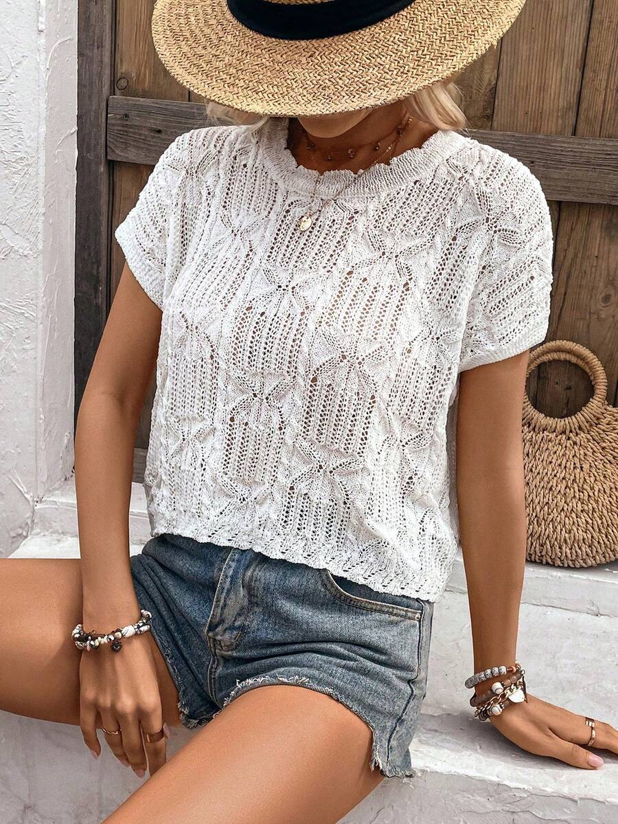 Top Hueco De Punto Con Cuello Redondo - Blanco - Ver 1