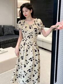DAZY Women's Floral Printed Puff Sleeve Dress Sundress