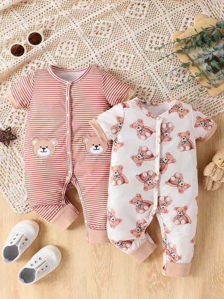 Baby Boys' Simple And Comfortable Cute Bear Striped And Printed Jumpsuit Set