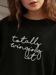 INAWLY Women's Black Loose T-Shirt With Slogan Print - Black - View 5