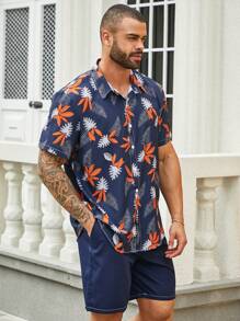 Manfinity RSRT 男士加大尺碼植物印花恤衫和純色短褲套裝