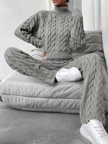 SHEIN Essnce 高領針織毛衣和針織長褲套裝 - 深灰色 - 查看 4