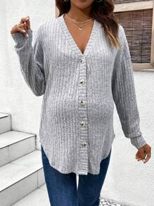 SHEIN 孕妇上扣式落肩长袖 T 恤 - 灰色 - 查看 4