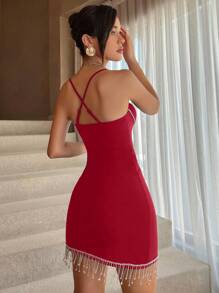 Aloruh HEN PARTY Rhinestone Strap Cami Dress - Red - View 2