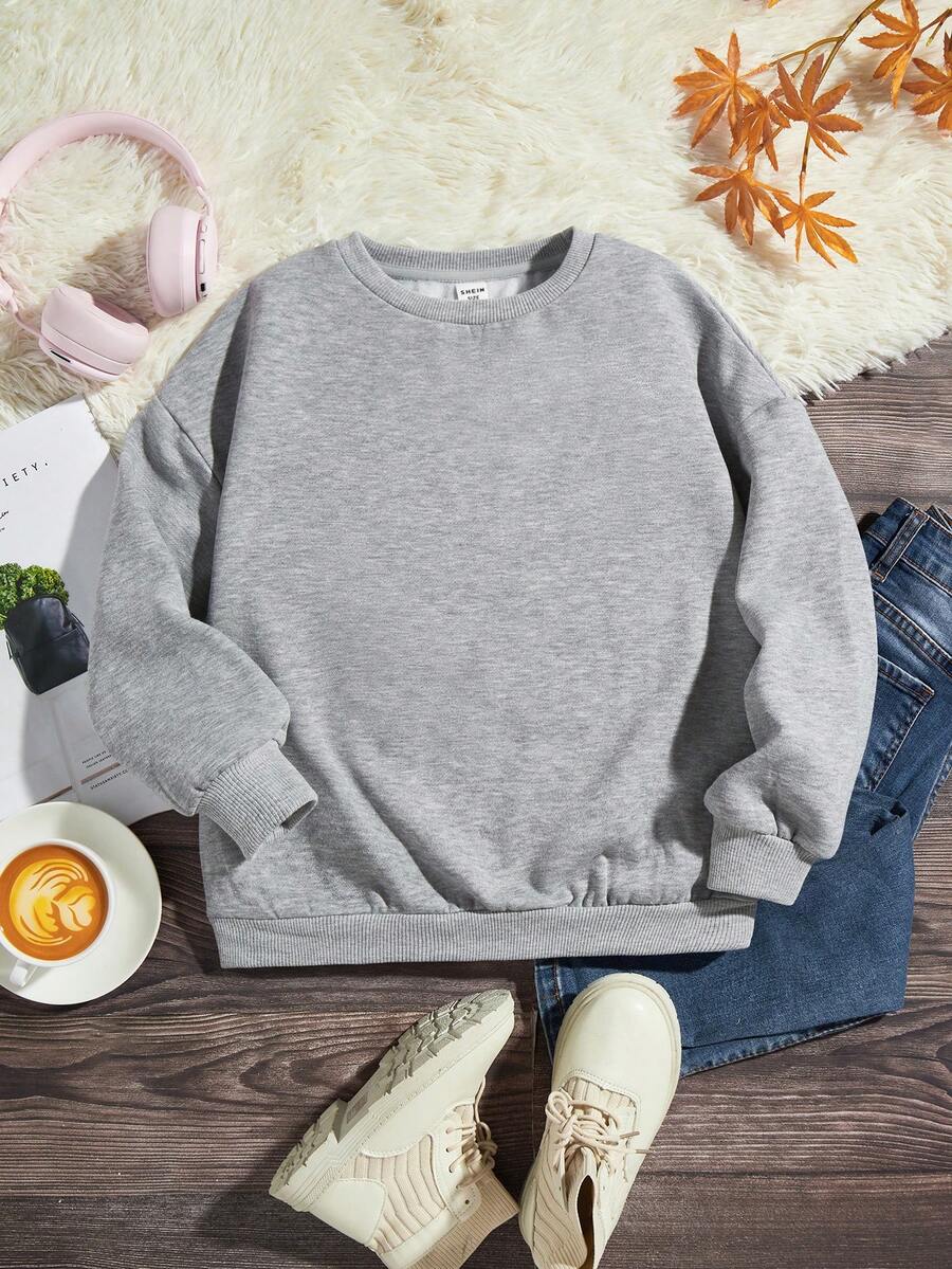 Tween Girls' Casual Solid Color Long Sleeve Round Neck Sweatshirt, Suitable For Autumn And Winter - Grey - View 1