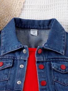 SHEIN Young Girl Denim Vest Jacket With Single Breasted Closure And Overall Shorts Set - Red - View 6