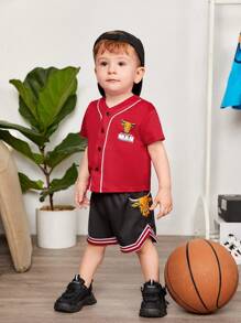 SHEIN Bộ đồ bóng chày hai mảnh họa tiết hoạt hình cổ chữ V nhiều màu cho bé trai và quần short - Đỏ - Xem 4