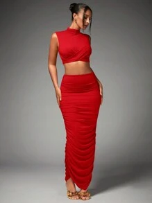 SHEIN BAE Women's Mock Neck Pleated Crop Top And Skirt Set For New Year Party