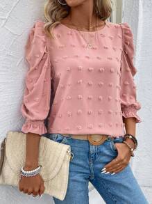 EMERY ROSE Jacquard Blouse With Ruffled Hem,Three Quarter Sleeve Tops