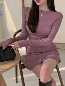 DAZY 女款純色羅紋針織船領毛衣連身裙 - 紫色 - 查看 2