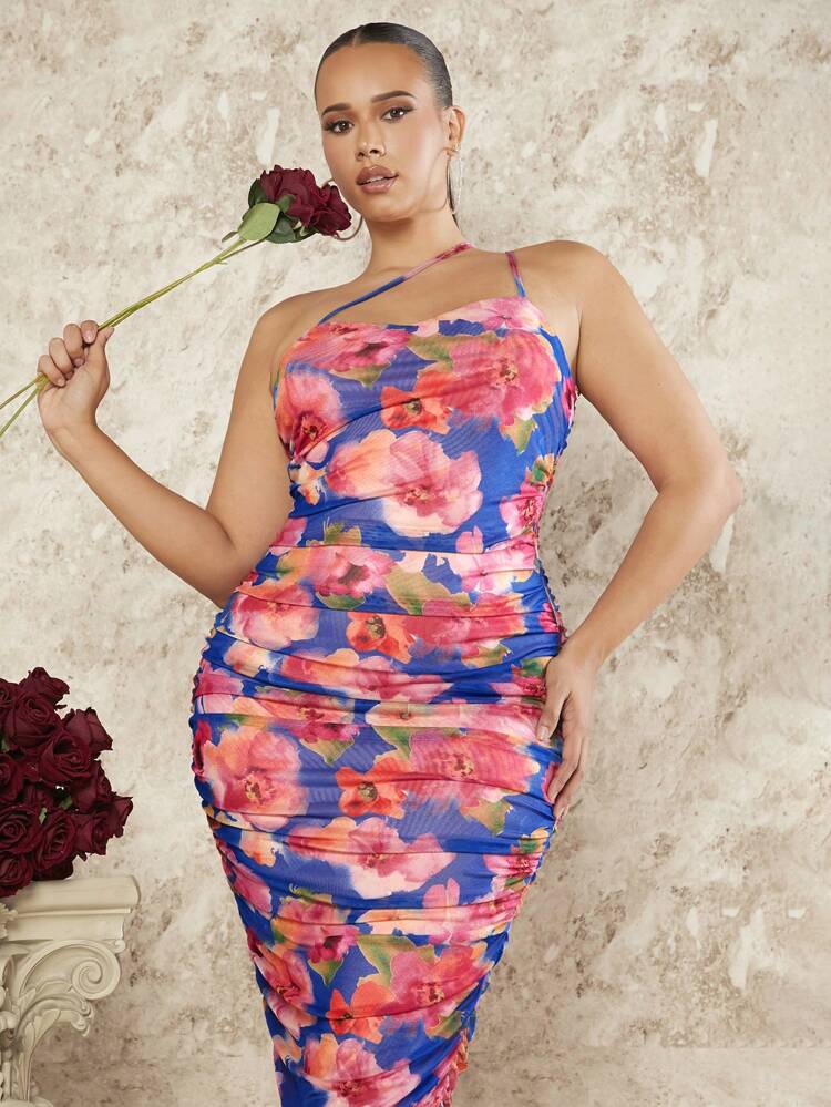 Plus Size Women's One Shoulder Sleeveless Floral Printed Dress