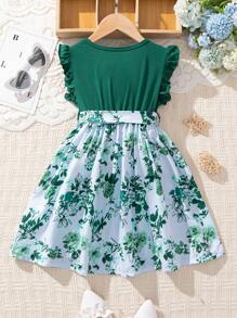 SHEIN Young Girl Floral Print Dress With Ruffle Hem,Holiday,Summer,Travel
