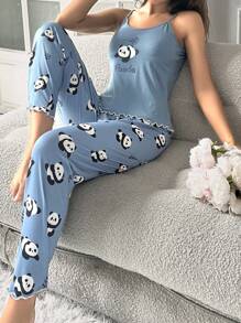 Panda Printed Camisole Tank Top And Pants Pajama Set - Dusty Blue - View 5