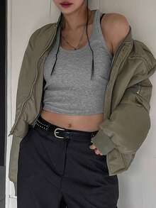 DAZY 女士肋紋針織綁頸上衣 - 灰色 - 查看 5