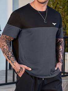 Extended Sizes Nam Khối màu Chim In Áo thun - Màu xám đen - Xem 5