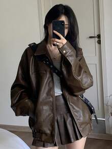 Women's Casual Loose Fit Drop Shoulder Long Sleeve Brown PU Jacket, Suitable For Spring And Autumn