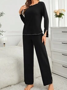 Color Block Rolled Edge Long Sleeve Top & Pants Home Wear Set Outfit, Fall Clothes  Cozy And Elegant Details