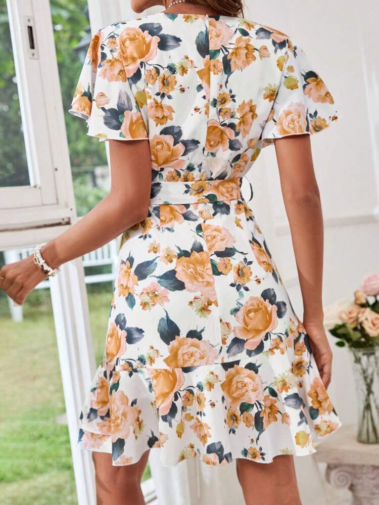 Vacation Floral Print Ruffle Sleeve Belted Maxi Valentine Day Dress