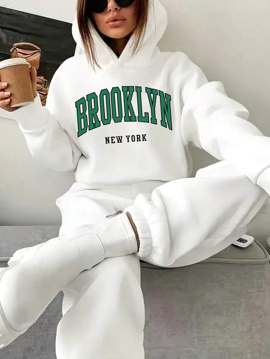 INAWLY Của phụ nữ Lá thư In Hoodie Và Quần thể thao Bộ Đối với Giải trí Mặc - trắng - Xem 1