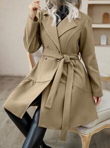 SHEIN LUNE Plus Size Overcoat With Turn-Down Collar And Waist Belt - Khaki - View 3