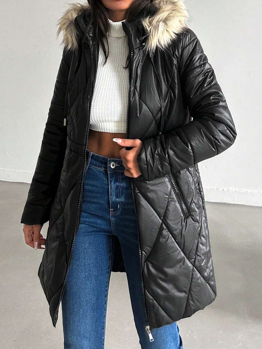 RueChic Zip Up Fuzzy Trim Drawstring Hooded Quilted Coat - Black - View 1