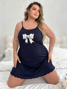 Camisón de pijama con lazo y estampado de moño para mujer de talla grande - Azul - Ver 3