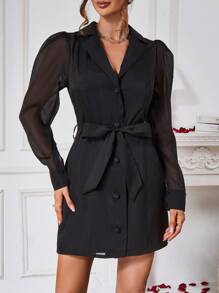 SHEIN Clasi Vestido-camisa De Cintura Con Cinturón De Manga Larga Y Abullonada De Chiffón