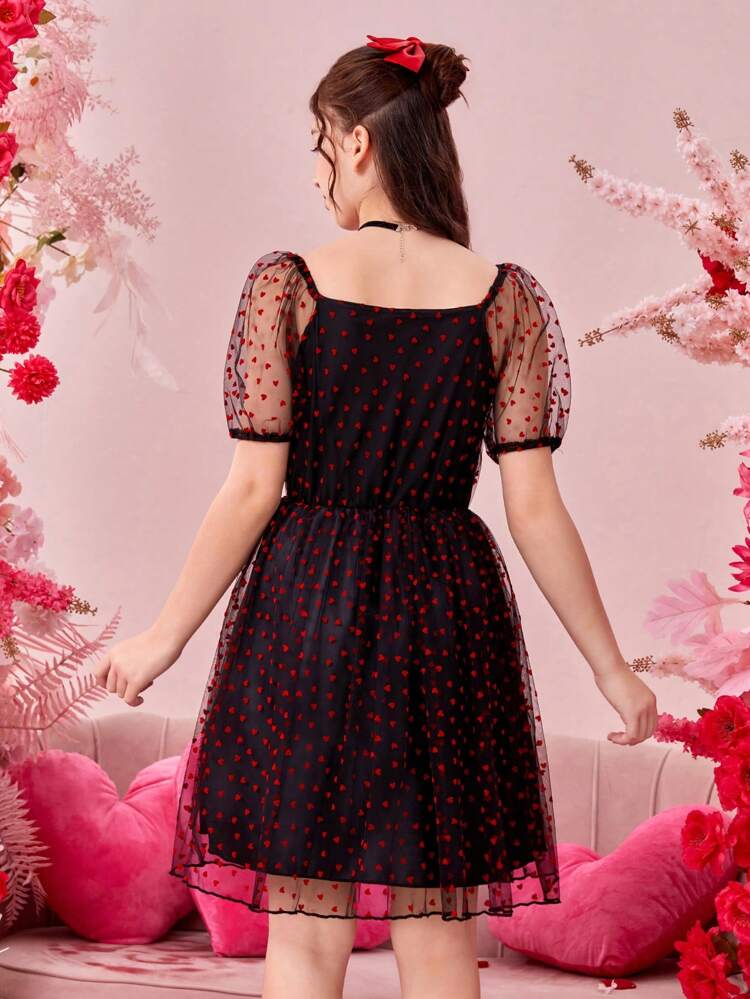 Teen Girls' Heart Mesh Puff Sleeve Dress