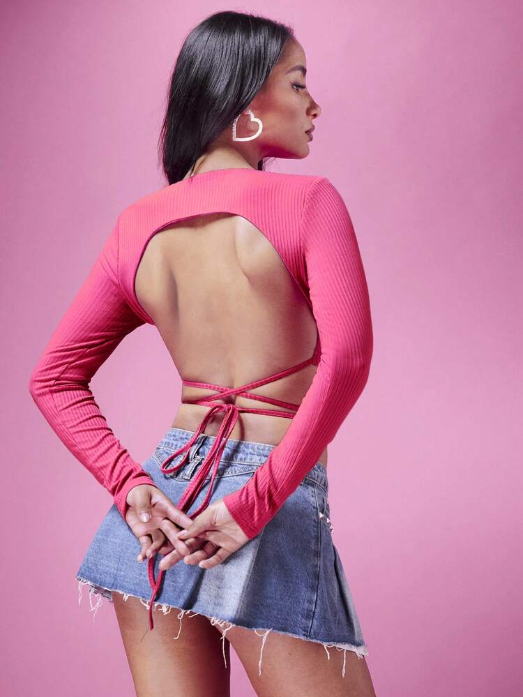 Women's Valentine's Day Pink Tight-Fit Crop Top Long Sleeve Open Back T-Shirt
