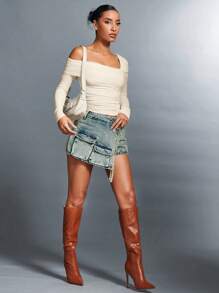 SHEIN BAE Women's Asymmetrical Pleated Basic T-Shirt - Apricot - View 3