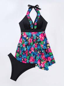 Swim Lushoire Tropical Print Halter Top And Triangle Bottom Swim Dress Set Carnival Summer - Multicolor - View 5